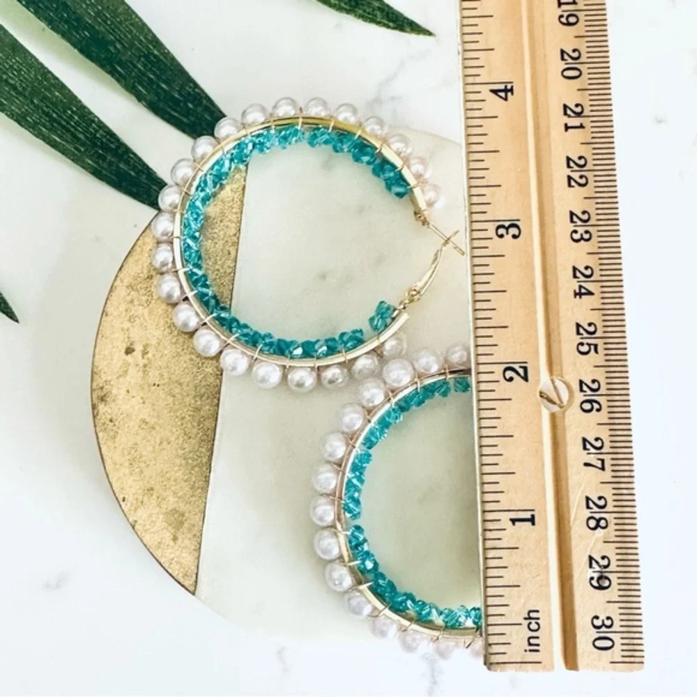 2/$30🌵 Faux Pearl & Blue Beads Gold Tone Hoop Earrings Boho Bohemian Jewelry - Picture 5 of 8